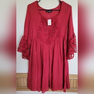 NWT Frazzle Women's Crochet Bell Sleeve Wine Red Yoke Dress Size Small